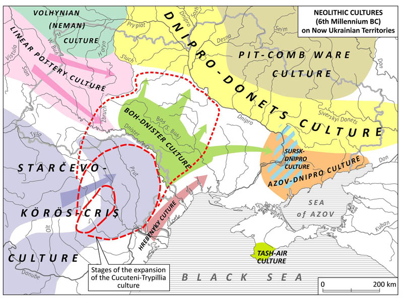 Image - Neolithic cultures (6th millennium BC) on now Ukrainian territories (map concept: Marko Robert Stech from his Configurations of the Spirit: Reflections on the History of Culture in Ukraine; map by Dmytro Vortman).   